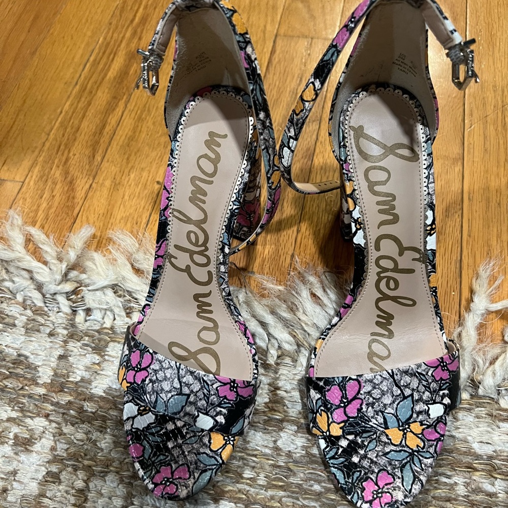 Sam Edelman Pink and Yellow Floral Heels with Ankle Strap